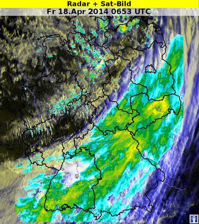 Der heutige Karfreitag startet im Süden und Osten mit dichten Wolken (aktuelles Satellitenbild) und Regen (aktuelles Radarbild). 