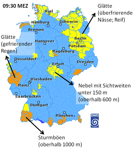 Unsere Warnkarte vom heutigen Montag um 09.30 Uhr (MEZ) zeigt einige der typischen winterlichen Warnereignisse: Glätte, Nebel, Sturm.