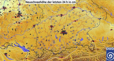 In der vergangenen Nacht sowie am heutigen Morgen kam es insbesondere an den Alpen sowie im Alpenvorland zu teils ergiebigen und länger anhaltenden Schneefällen.