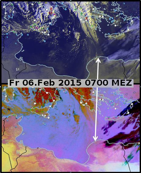 (oben: Sichtbares Satellitenbild mit einer leicht gelblichen Trübung. Unten: Modifiziertes Satellitenbild mit einer violetten Einfärbung
