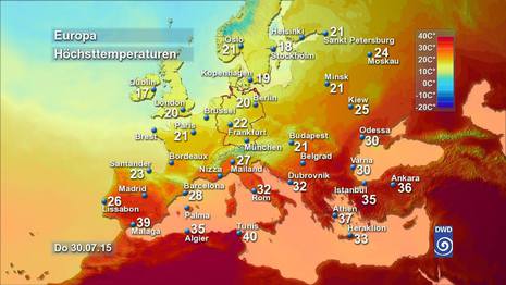 Wo ist der Sommer geblieben? Die Karte der für den morgigen Donnerstag prognostizierten Höchsttemperaturen in Europa zeigt es: Barcelona 28 Grad, Rom 32 Grad, Athen 37 Grad, Malaga 39 Grad und Tunis 40 Grad!