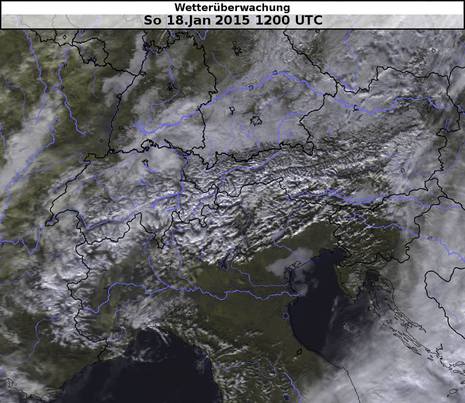 Das Satellitenbild zeigt die verschneiten Alpen. Der Neuschnee am Samstag hat dafür gesorgt, dass es gestern dort vielerorts gute Wintersportbedingungen bei viel Sonnenschein gab. 