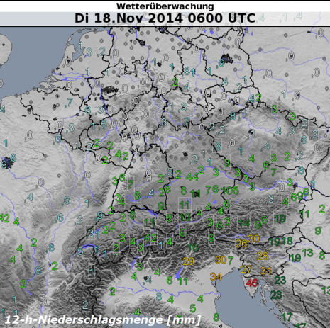 Karte ausgewählter zwölfstündiger Niederschlagsmengen [mm] vom 18.11.2014, 06:00 UTC.
