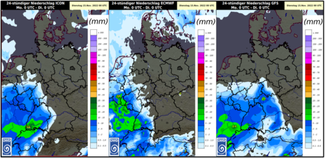 24-stündigen Niederschlagssummen der Modelle ICON13, EZMW und GFS für den den 14.11.2022 0 UTC bis 15.11.2022 0 UTC.