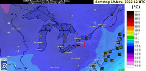 Temperatur in 850 Hektopascal (ca. 1500m) vom ECMWF Modell und gemessene Wassertemperaturen für den 19.11.2022 12 UTC (Quelle DWD/ECMWF)