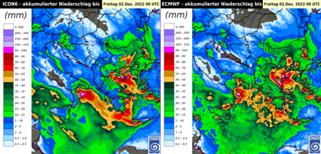 Akkumulierter Niederschlag bis Freitag, 02.12.2022 0 UTC aus dem ICON6 (links) und ECMWF Modell (rechts).