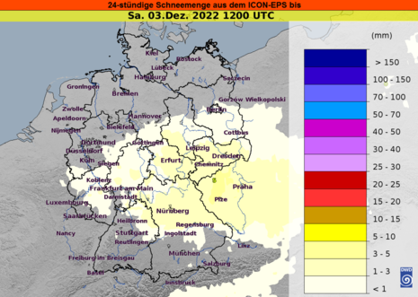 Median der 24-stündigen Schneemenge aus ICON-EPS von Freitag (02.12.) 12 UTC bis Samstag (03.12.) 12 UTC (Quelle DWD)