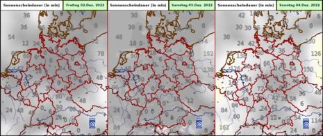 Sonnenscheindauer in Minuten links am Freitag (02.12.), mittig am Samstag (03.12.), rechts am Sonntag (04.12.) (Quelle DWD)