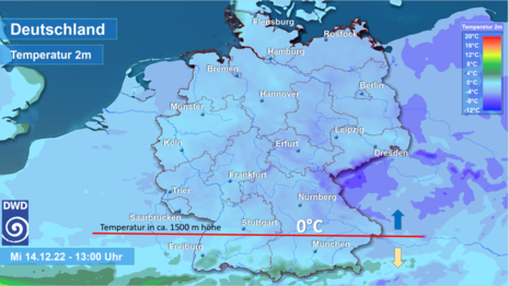 Temperaturübersicht in 2 Metern Höhe (Fläche) und in ca. 1500 Metern Höhe (0 Grad-Linie) am Mittwoch, den 14.12.2022 um 13 Uhr MEZ