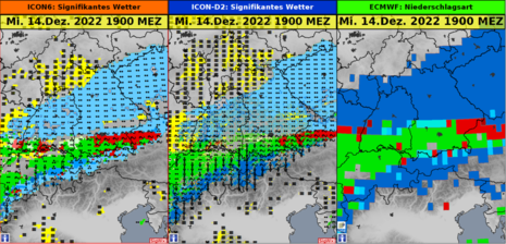 Modellvorhersage signifikantes Wetter für den Mittwoch 14.12.2022 um 19 Uhr MEZ vom ICON Nest, ICON D2 und ECMWF Modell, blau: Schnee, rot: gefrierender Regen, grün: Regen