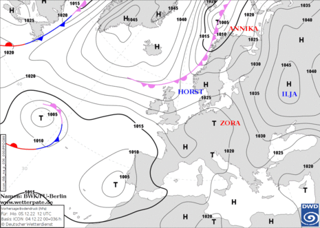 Blockierende Wetterlage am Sonntag, 05.12.22, Tiefdruckeinfluss in Deutschland. (Quelle Deutscher Wetterdienst - VBZ)