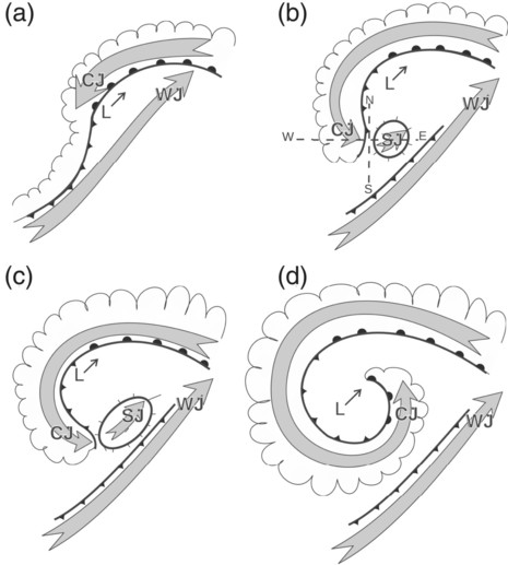 Entwicklung eines Sting Jets (Quelle Clark et al. (2005). The sting at the end of the tail: model diagnostics of the fine-scale three-dimensional structure of the cloud band.)