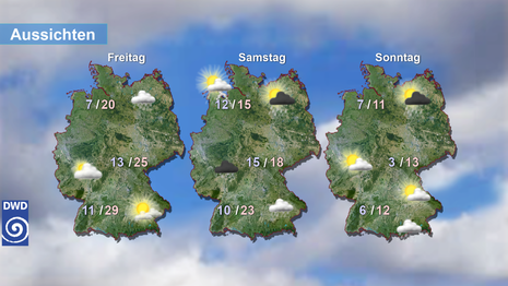 Wetteraussichten für Freitag bis Sonntag mit Symbolen zum Wettercharakter und Höchst- und Tiefsttemperatur als Zahlenwerte. (Quelle DWD - Deutscher Wetterdienst)