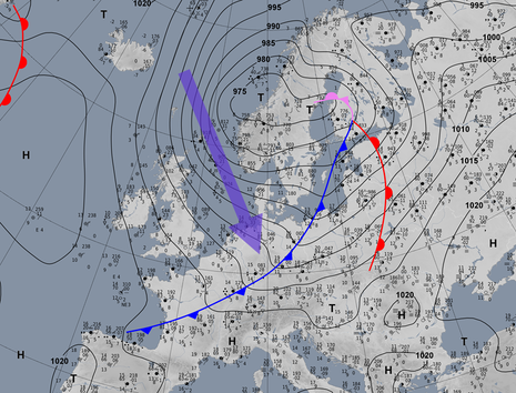 Analyse von Samstag, den 14.10.2023 um 06 UTC und blauer Pfeil zur Kennzeichnung von einfließender Kaltluft (Quelle DWD - Deutscher Wetterdienst)