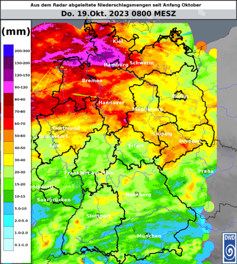 Aus Radardaten abgeleiteter Niederschlag in Liter pro Quadratmeter seit 01.10.2023, 06 UTC bis zum 19.10.2023, 06 UTC (Quelle Deutscher Wetterdienst)