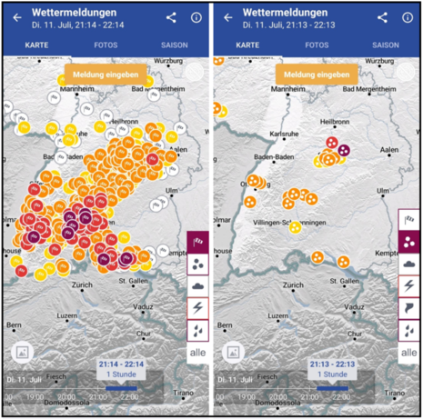 Abgegebene Wettermeldungen von Nutzern der DWD-Warnwetter-App für die Erstellung von Warnungen (Quelle DWD)