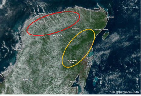 Abbildung 1 zeigt ein Satellitenbild von Yucatán, Mexiko am 14. Oktober 2023 um 18:00 UTC. Mit einer roten sowie einer orangen Ellipse sind zwei Bereiche gekennzeichnet, die im Artikel näher beschrieben werden. (Quelle https://zoom.earth)