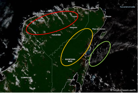 Abbildung 2 zeigt ein Satellitenbild von Yucatán, Mexiko am 14. Oktober 2023 um 20:20 UTC. Mit einer roten, orangen und grünen Ellipse sind drei Bereiche gekennzeichnet, die im Artikel näher beschrieben werden. (Quelle https://zoom.earth)