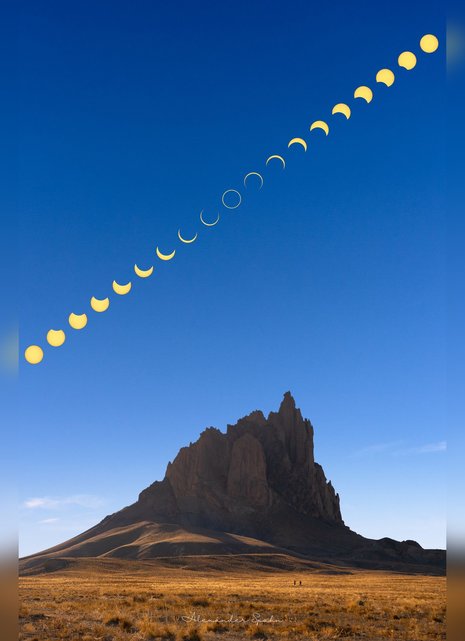 Abbildung 3 zeigt ein Komposit der ringförmigen Sonnenfinsternis vom 14. Oktober 2023. Es sind siebzehn Aufnahmen der Sonnenfinsternis vom Beginn über das Maximum bis zum Ende derselben übereinandergelegt. Ort: Shiprock, New Mexiko, USA. (Quelle Plattform