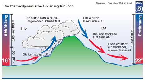 Klassische Föhntheorie mit Wolkenbildung und Abregnen auf der Luvseite und Absinken der abgetrockneten Luft auf der Leeseite.