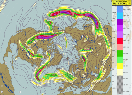 Abbildung 1 zeigt die Modellprognose der Windgeschwindigkeiten in 300 hPa (Quelle DWD - Deutscher Wetterdienst)