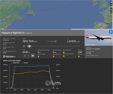 Abbildung 3 zeigt einen Screenshot aus Flightradar24 mit der Flugroute einer British Airways Maschine von New York nach London. (Quelle Flightradar24)