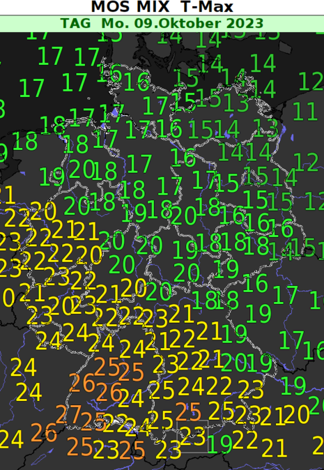 Diese Grafik zeigt die prognostizierten Tageshöchsttemperaturen für Montag, den 09.10.2023 mit einem deutlichen Temperaturkontrast zwischen dem Südwesten und Nordosten Deutschlands. (Quelle Deutscher Wetterdienst)