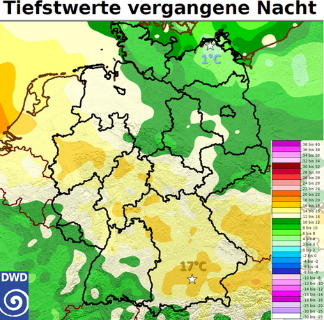 Karte zeigt die Tiefstwerte der vergangenen Nacht in einer Flächendarstellung. Die Stationen München-Stadt und Barth wurden hervorgehoben. (Quelle DWD)