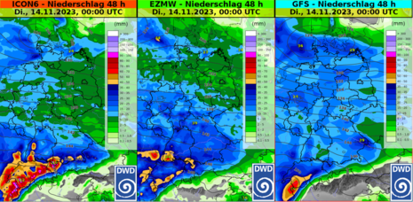 Diese Grafik zeigt die Modellvorhersagen der 48-stündigen Niederschlagsmenge der führenden Wettermodelle bis Dienstag 00 Uhr, mit einem Maximum im Südschwarzwald und im Allgäu. (Quelle DWD)