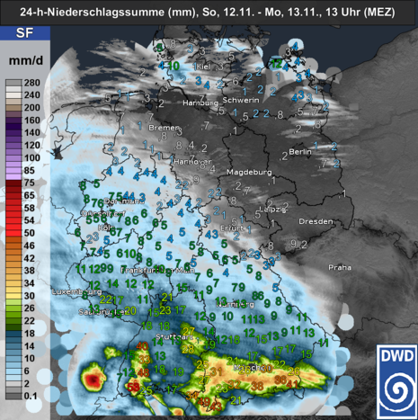 Gemessene 24-stündige Niederschlagsmenge in mm bis heute Mittag, 13.11.2023, 13 Uhr MEZ (Quelle DWD)