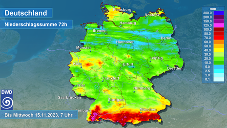 72-stündige aus Radardaten abgeleitete Niederschlagsmengen von Sonntagmorgen, den 12.11.2023, 7 Uhr bis Mittwochmorgen, den 15.11.2023, 7 Uhr MEZ (Quelle DWD)