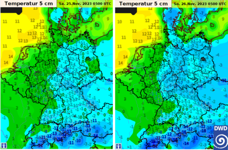 Abbildung 2: Prognose für Erdbodentemperaturen (5 cm Höhe) am Samstag, 25.11.2023 (links) und Sonntag, 26.11.2023 (rechts), jeweils 06:00 Uhr MEZ (Quelle DWD - Deutscher Wetterdienst)