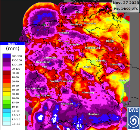 Aus Radardaten abgeleitete Niederschlagsmengen in Liter pro Quadratmeter seit dem 01. November