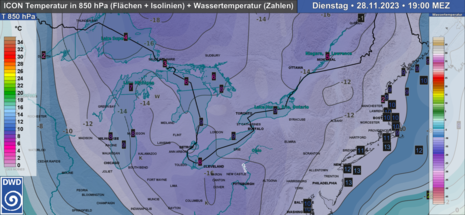 Gemessene Wassertemperatur der Großen Seen und Temperatur in 850 hPa (Quelle Deutscher Wetterdienst)