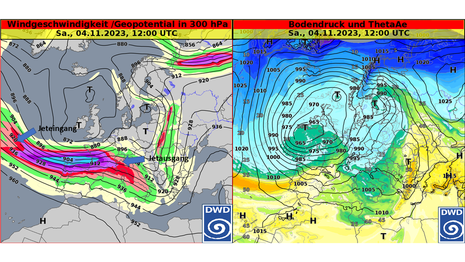 Diese Grafik zeigt die Modellvorhersage der Windgeschwindigkeit in 300 hPa mit einem Windmaximum über Südfrankreich (links), sowie das Geopotential und den Bodendruck, sowie die pseudopotentielle Temperatur für Samstag den 04.11.2023 um 12 UTC. (Quelle DW