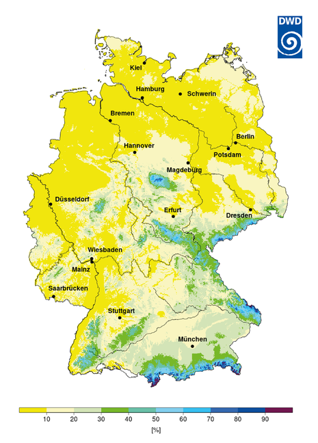 Karte zeigt, wie wahrscheinlich regional weiße Weihnachten mit einer Schneedecke an allen drei Tagen vom 24. bis 26. Dezember in der Referenzperiode 1991-2020 waren. (Quelle DWD)