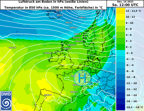 Prognose des Luftdrucks am Boden und der Temperatur in rund 1500 m Höhe für Samstag, 16.12.2023, 12 UTC. (Quelle DWD)