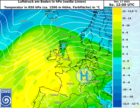 Prognose des Luftdrucks am Boden und der Temperatur in rund 1500 m Höhe für Sonntag, 17.12.2023, 12 UTC. (Quelle DWD)