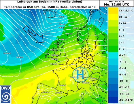 Prognose des Luftdrucks am Boden und der Temperatur in rund 1500 m Höhe für Montag, 18.12.2023, 12 UTC. (Quelle DWD)