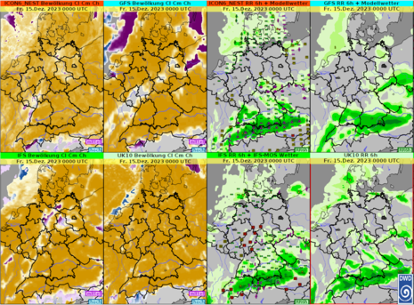 Für die Nacht zum Freitag von verschiedenen Modellen prognostizierter Bedeckungsgrad (braun: tiefe, lila: mittelhohe, blau: hohe Wolken) sowie prognostizierte Niederschläge.