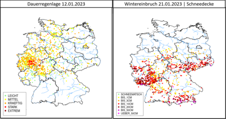 Nutzermeldungen für zwei ausgewählte Wettereignisse. Links: Dauerregenlage vom 12.01. und rechts: Die Schneedecke nach dem Wintereinbruch am 20./21.01. (Quelle DWD - Deutscher Wetterdienst)