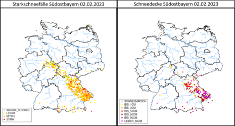 Nutzermeldungen zu den Starkschneefällen am 02.02. Links die Schneemeldungen und rechts die gemeldeten Schneedeckenhöhen. (Quelle DWD - Deutscher Wetterdienst)