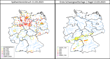 Nutzermeldungen für zwei ausgewählte Wettereignisse. Links: Der Spätwintereinbruch am 08.03. und rechts: Die Hagelmeldungen zur ersten Schwergewitterlage des Jahres vom 13.03. (Quelle DWD - Deutscher Wetterdienst)