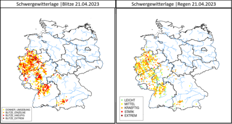 Nutzermeldungen zur Schwergewitterlage vom 21.04., mit den Blitzmeldungen auf der linken Seite und Regenreports auf der rechten Seite. (Quelle DWD - Deutscher Wetterdienst)