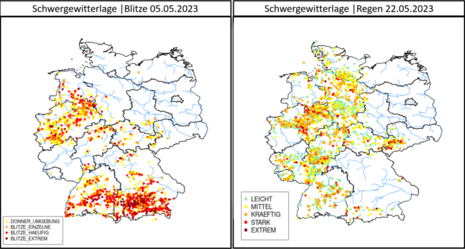 Nutzermeldungen für zwei ausgewählte Schwergewitterlagen. Links: Die Blitzmeldungen vom 05.05. und rechts: Starkregenereignisse vom 22.05. (Quelle DWD - Deutscher Wetterdienst)