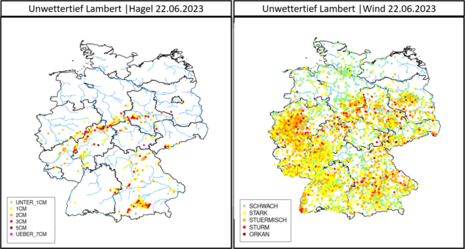 Nutzermeldungen zum Unwettertief Lambert am 22.06. mit den Hagelmeldungen auf der linken und Windmeldungen auf der rechten Seite. (Quelle DWD - Deutscher Wetterdienst)
