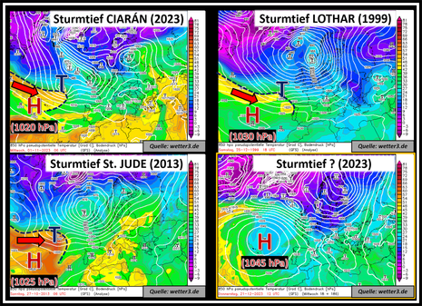 Vergleichsbilder von drei Sturmtiefs sowie die Lage nächste Woche. (Quelle wetter3.de, NCEP )