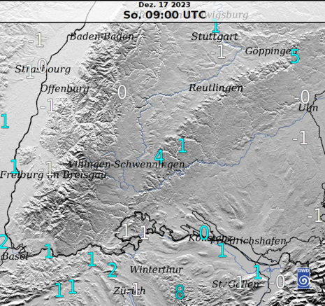 Deutschlandkarte Ausschnitt Südwest mit Relief und Lufttemperatur in Zahlen von Sonntag, 17.12.2023 10 Uhr (Quelle DWD)