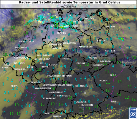 Radar- und Satellitenbild von Montag, den 18.12.2023 um 14 Uhr MEZ für Deutschland sowie aktuelle Temperaturen in Grad Celsius (Quelle DWD)