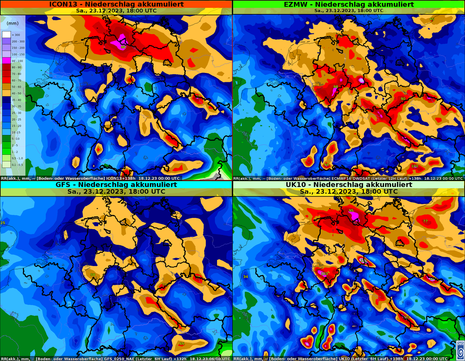 Akkumulierte Niederschlagsmengen für verschiedene Modelle von Montag, den 18.12.2023, bis Samstag, den 23.12.2023 (Quelle DWD)